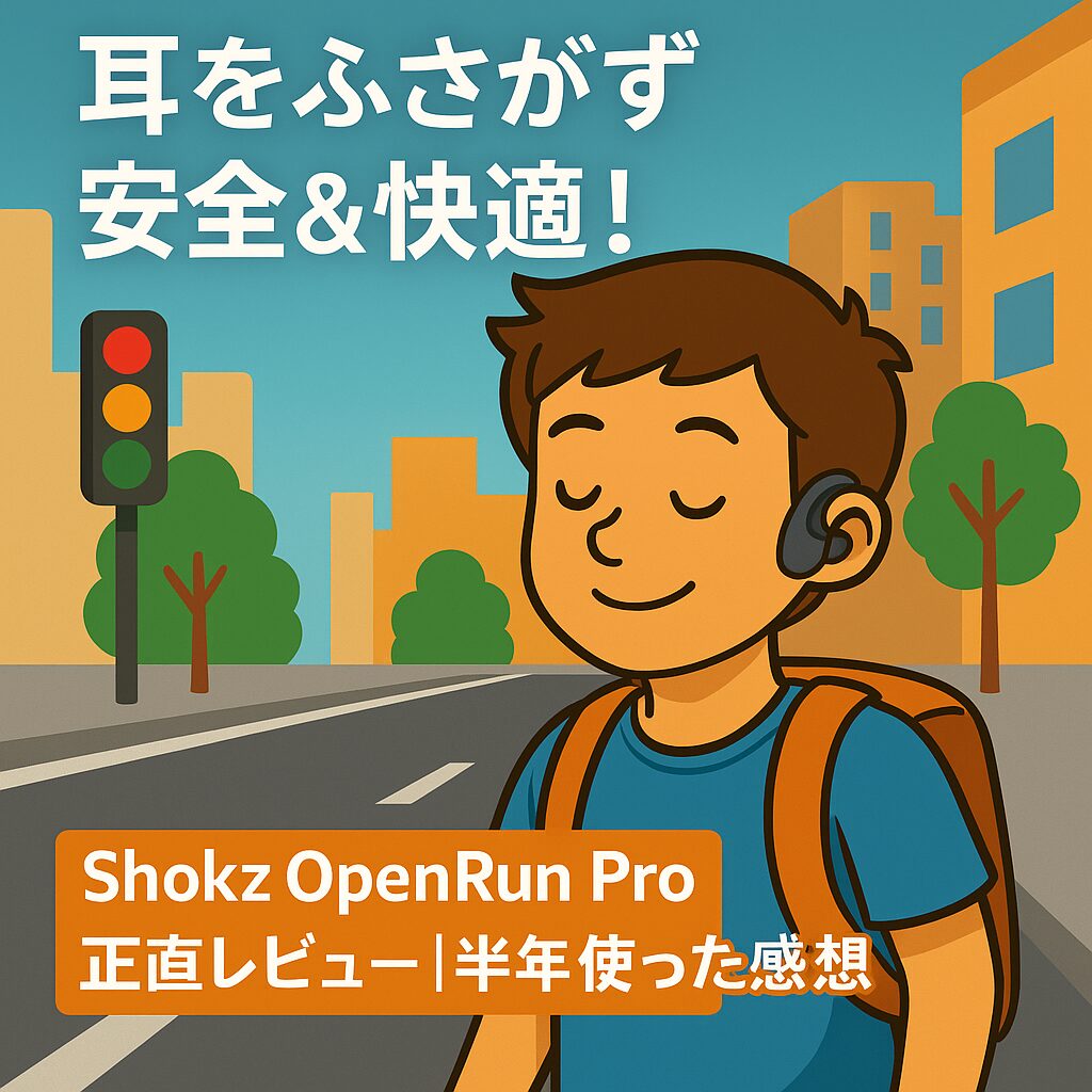 Shokz OpenRun Proを装着して通勤中の男性を描いたイラスト。耳をふさがず快適な様子を表現。