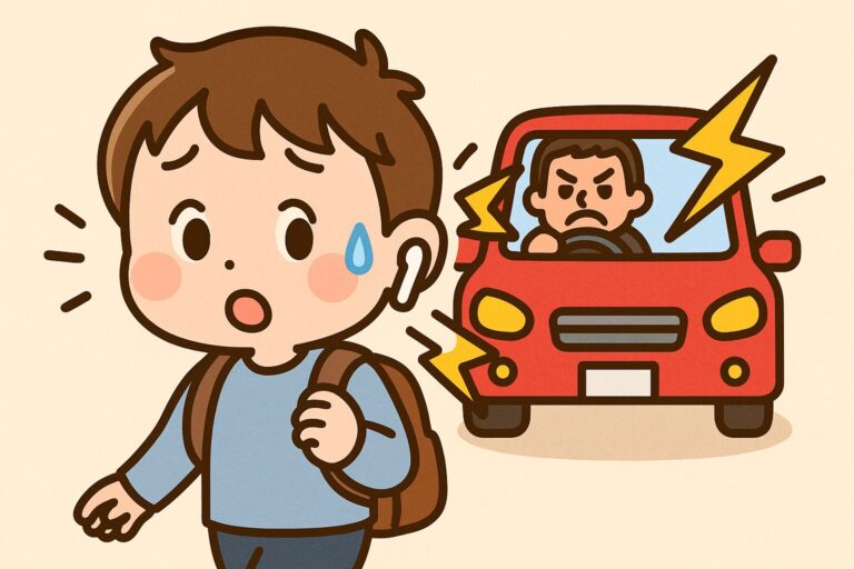 ワイヤレスイヤホンを使用していて、後ろから接近する車に気づかずヒヤリとしている男性キャラクターのイラスト
