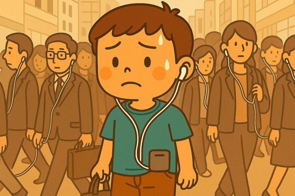 通勤中の混雑した街中で、イヤホンの不快感に困っている男性キャラクターのイラスト