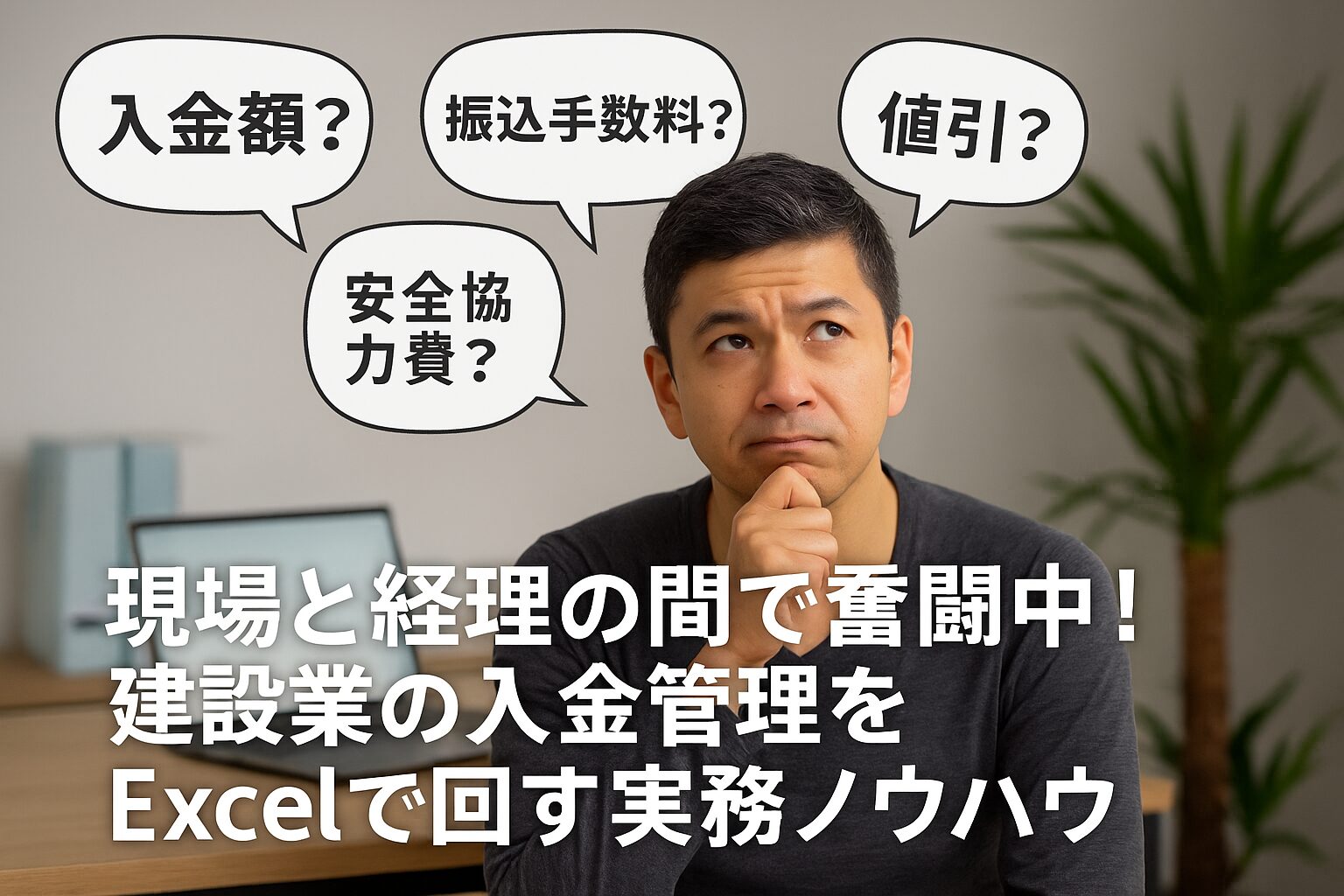 入金額や振込手数料、安全協力費、値引などの確認に悩む建設業経理担当者（Excelでの入金管理をイメージ）