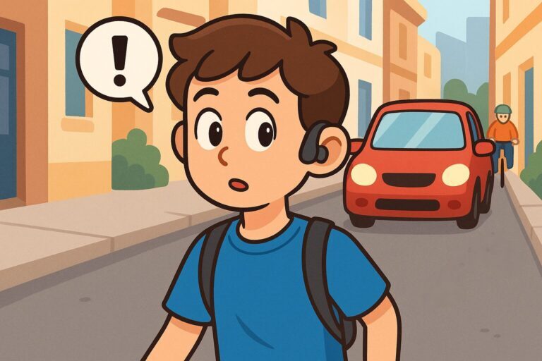 骨伝導イヤホンを装着した男性が、後ろから来る車にいち早く気づいて振り向く様子。