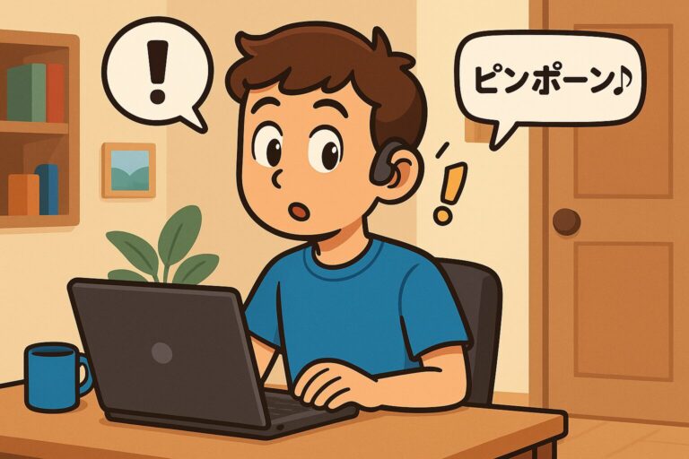 パソコン作業中の男性が、骨伝導イヤホンをつけたままインターホンのチャイムに反応している様子。
