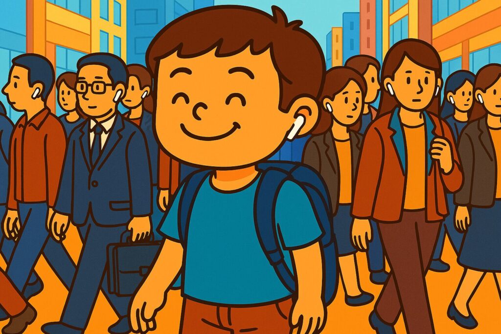 ワイヤレスイヤホンに切り替えて快適さを感じている通勤中の男性キャラクターのイラスト
