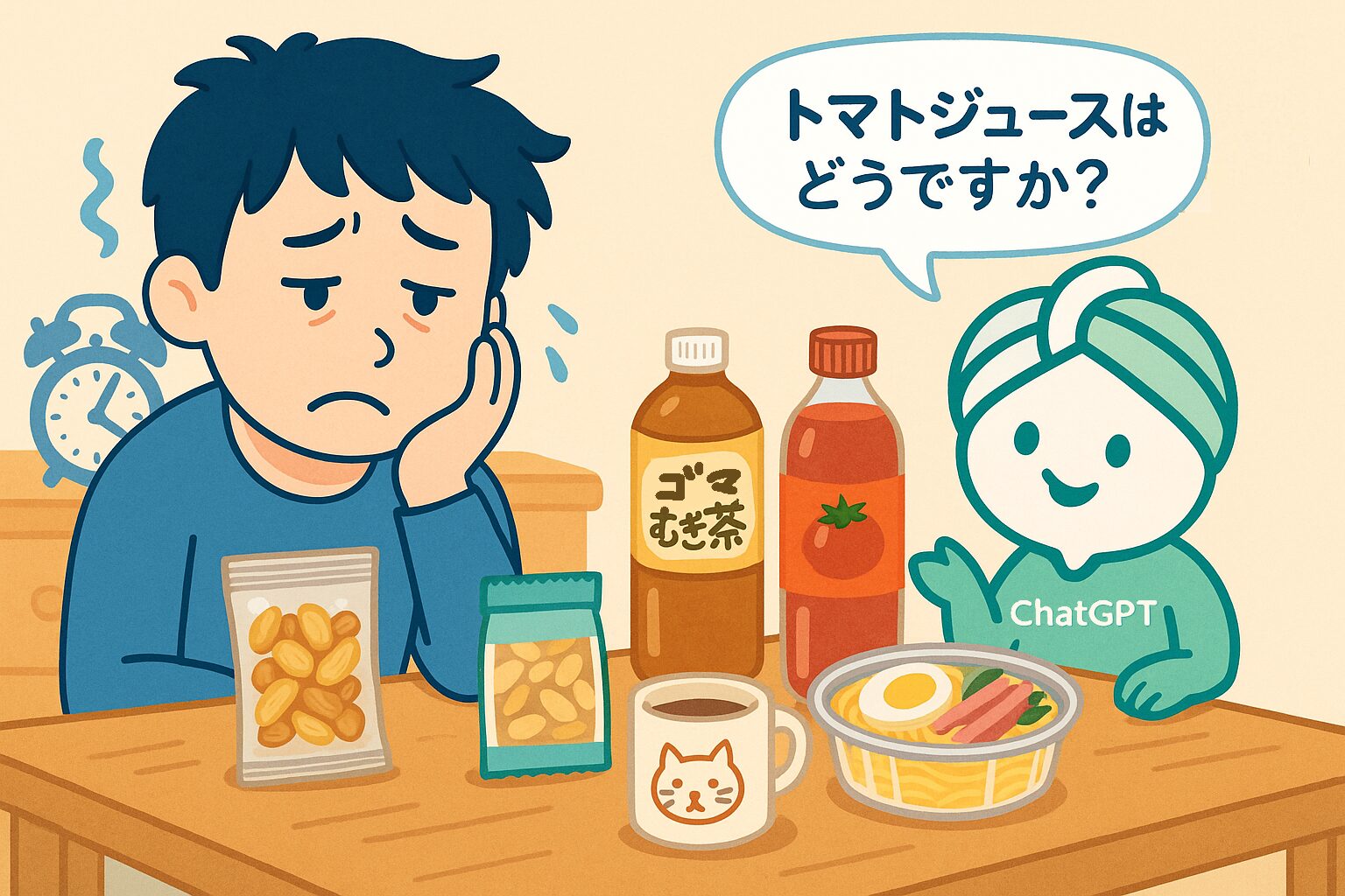 二日酔いの朝、男性がChatGPTに相談して体調を立て直す様子のイラスト