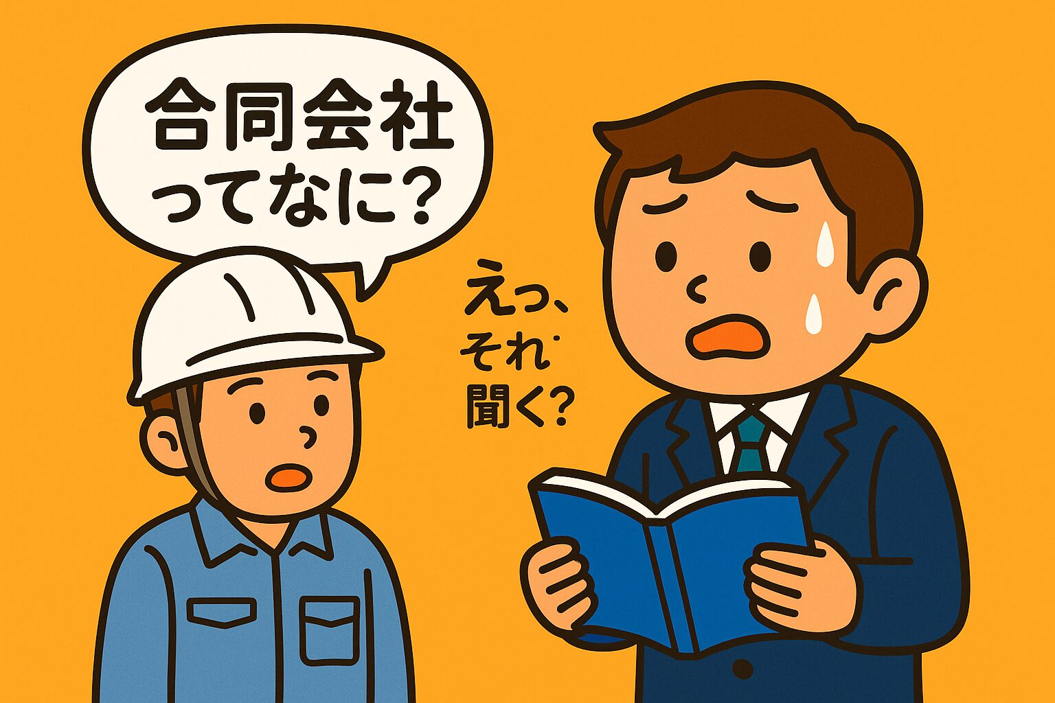 施工担当者に「合同会社ってなに？」と聞かれ、経理担当者が焦って本を開いているイラスト