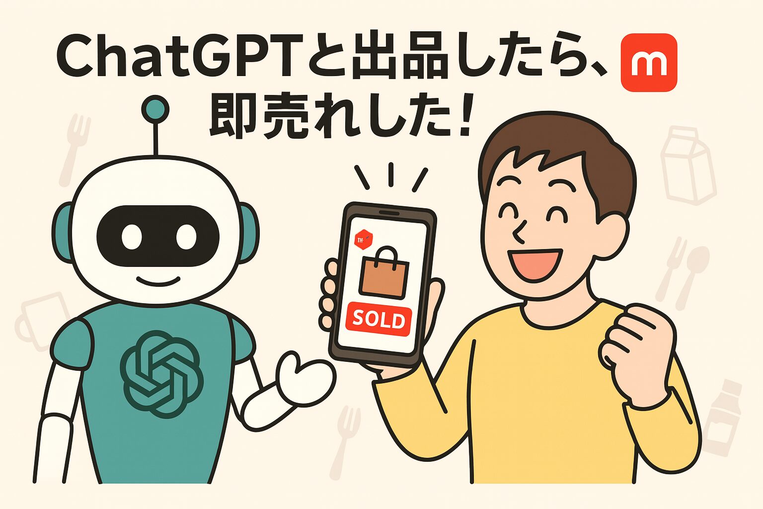 ChatGPTのサポートでメルカリに出品し、1時間以内に即売れしたことを喜ぶ男性のイラスト